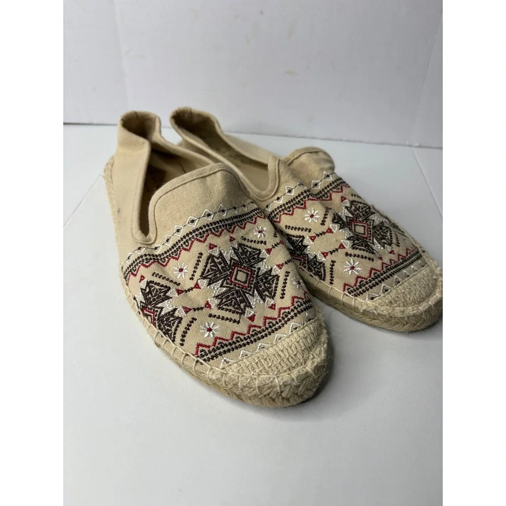 Coldwater Creek Walk with Me Tan Embroidered Espadrille Flats Womens 8.5M Cotton